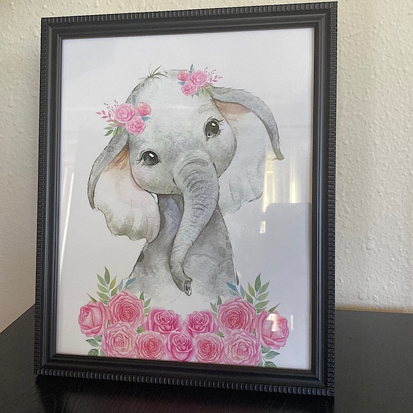 Other - 🐘🌺 Watercolor Elephant With Pink Flowers Framed Picture 🖼